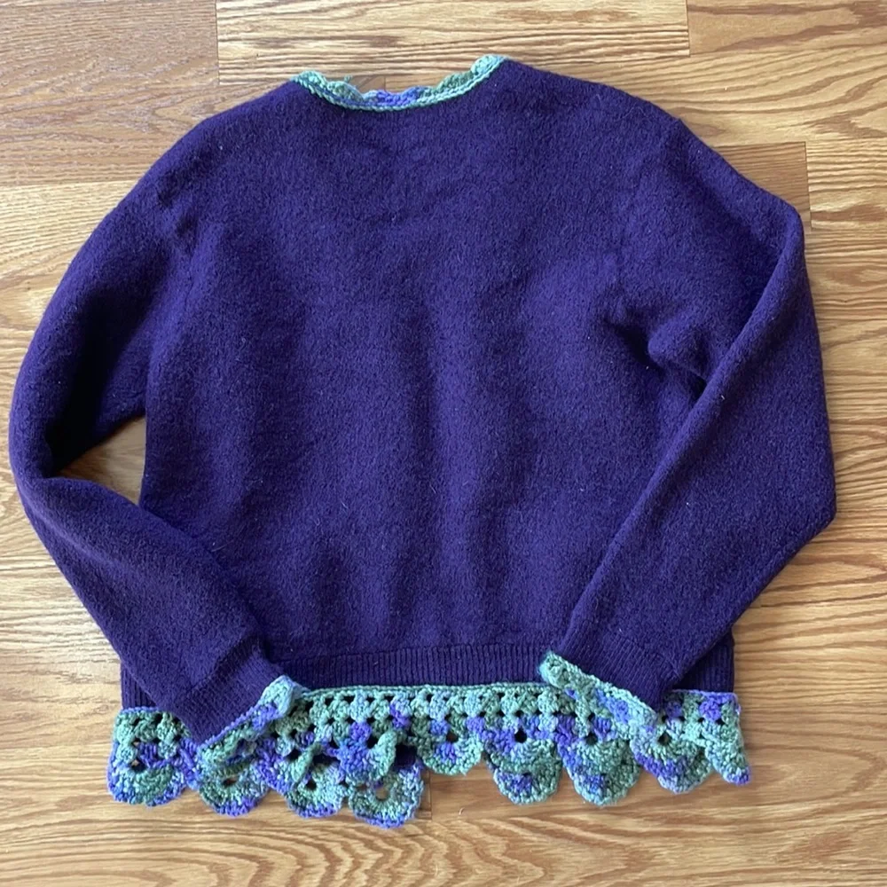 Pendleton Purple Wool Patch Pockets Cardigan w/ Floral Crochet Trim Size Large